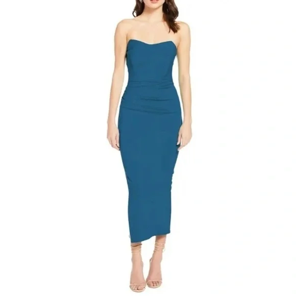 NWT Katie May DARK TEAL Ashun STRAPLESS Ruched Back CUTOUT Slit MIDI DRESS M - Picture 7 of 8